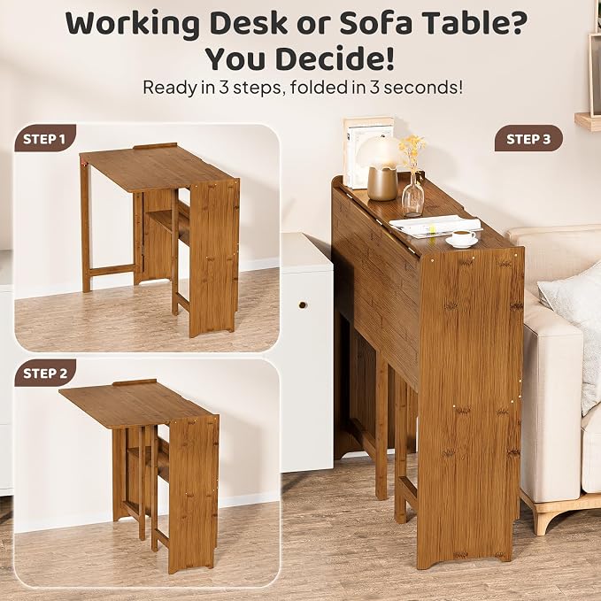 Bamboo Folding Desk for Small Spaces, Small Computer Foldable Desk, Brown | Space Saving Desk for Bedroom Home Office, Mid Century Sofa Table for Couch, Writing Work Office Desk - Image 8