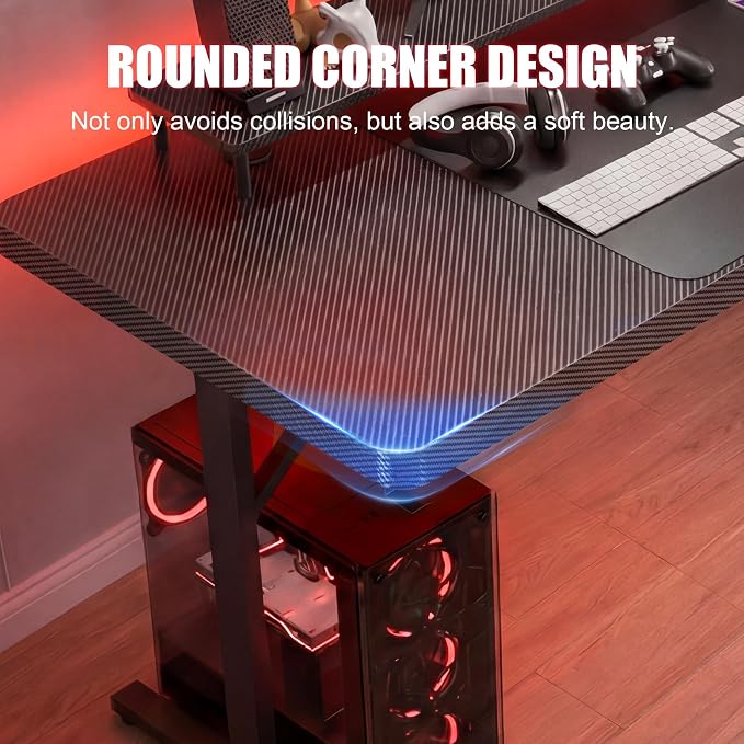 GTPLAYER 55 Inch Gaming Desk with LED Lights, Large Computer Desk with Mouse Pad for Home Office, T-Shaped Carbon Fibre Surface PC Game Workstations with Headphone Hook - Image 7