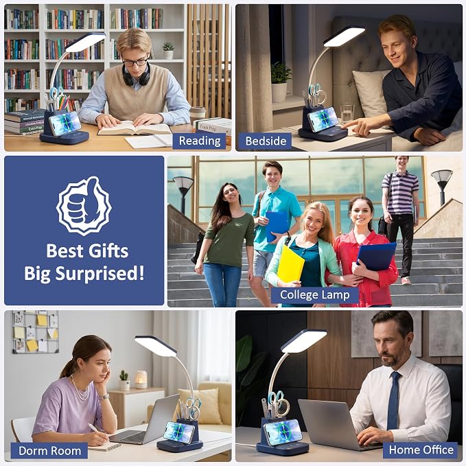 LED Desk Lamp with 10W Wireless Charging & Pen Holder, Navy Blue | CRI 95, 800LM, Stepless Dimming, 3 Modes, 360°Flexible Arm, Touch, Study Table Lamp for Home Office, Dorm Room, with Adapter - Image 8