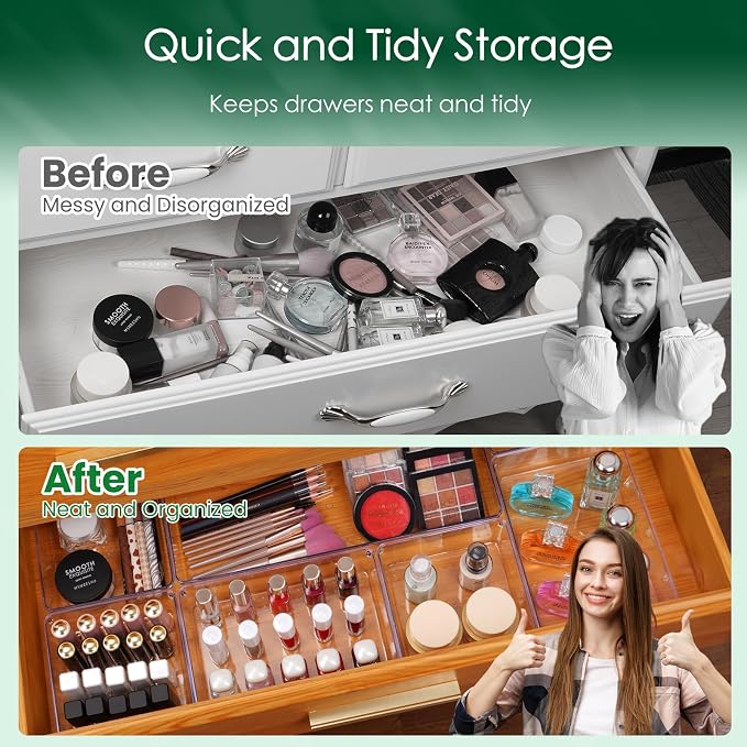 Criusia Drawer Organizer Set, Acrylic Non Slip Non Cracking Kitchen Drawer Storage Tray Large Size Divider, Multifunctional Storage for Cosmetics, Bathroom, Tools, Kitchen and Office (8 PACK) - Image 7