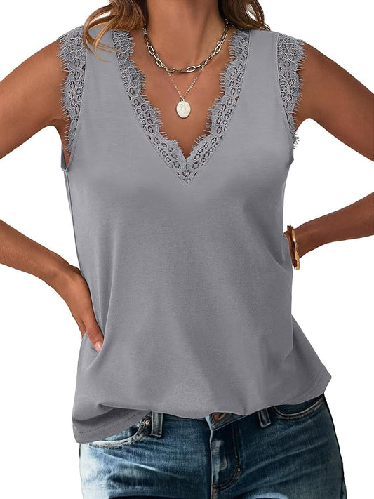 ANRABESS Womens Lace Trim Tank Tops V Neck Sleeveless Shirts 2026 Summer Casual Trendy Dressy Cami Top by ANRABESS