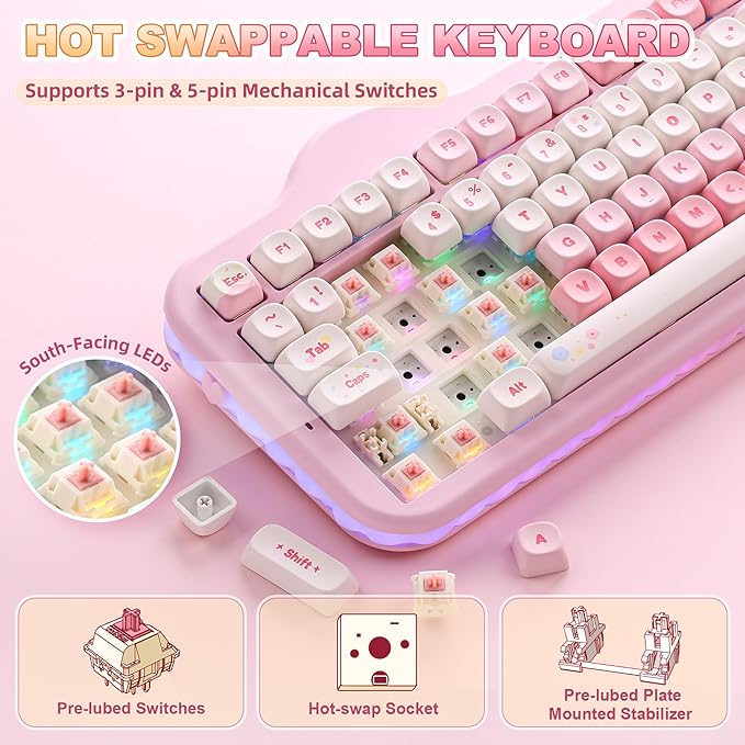 YUNZII C98 Cute Cake Wireless Mechanical Keyboard(Pink, Candy Switch) | 99 Keys with Number Pad, Hot Swap, PBT MOA Keycaps, BT5.0/2.4G/USB-C, Gasket Mount, Custom RGB Backlit for Win/Mac - Image 5