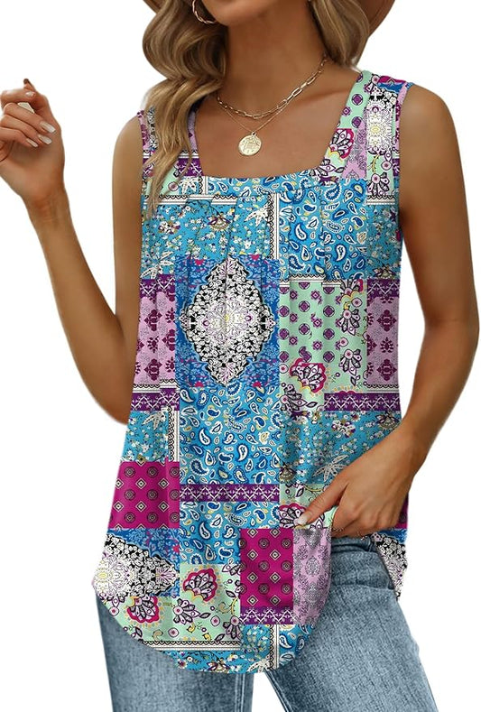 Saloogoe Summer Tank Tops for Women Loose Fit Pleated Square Neck Sleeveless Tops Curved Hem Flowy by Saloogoe