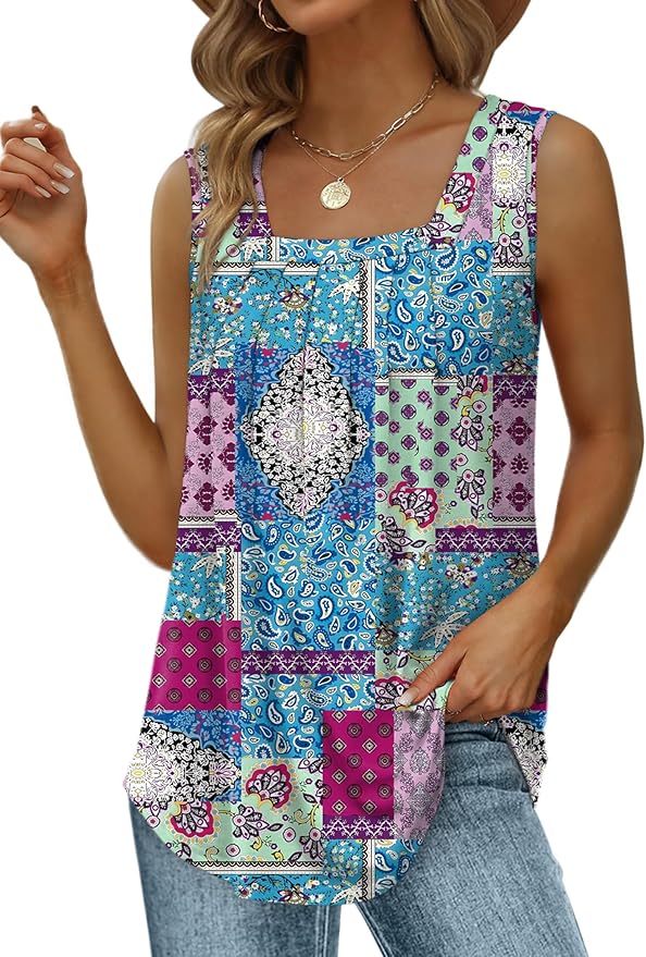 Saloogoe Summer Tank Tops for Women Loose Fit Pleated Square Neck Sleeveless Tops Curved Hem Flowy by Saloogoe