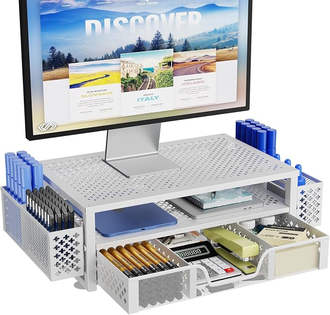 Simple Trending 2 Tier Metal Monitor Stand Monitor riser and Computer Desk Organizer with Drawer and Pen Holder for Laptop, Computer, iMac, White by SimpleTrending