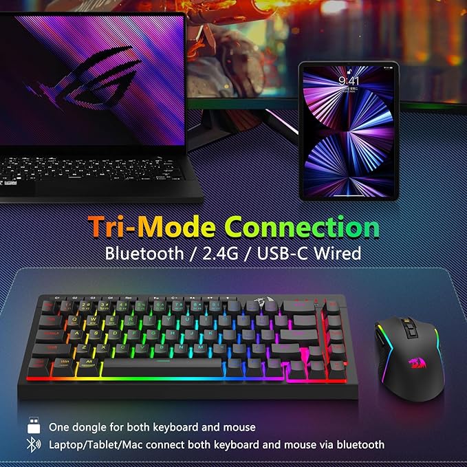 Redragon Wireless Gaming Keyboard and Mouse Combo, 60% Portable, Black | Bluetooth/2.4G/USB-C Wired, RGB Backlit, Quiet Rechargeable Macro Membrane Keyboard & 12800 DPI Mouse for Win/MAC - Image 5