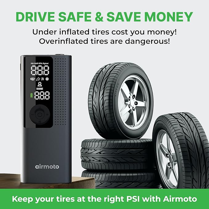 Airmoto Tire Inflator Portable Air Compressor - Air Pump for Car Tires with Digital Pressure Gauge, LED Light and Auto Shut-Off Function - Cordless Pump for Car, Motorcycle, Bicycle, Ball (Pack of 4) - Image 3