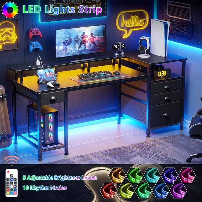 Furologee 60" Black Computer Desk with 4 Drawers and Printer Space, Gaming Desk with LED Lights and USB Power Outlets, Home Office Desk with Fabric File Cabinet,Study Work Table with Shelf for Bedroom - Image 4
