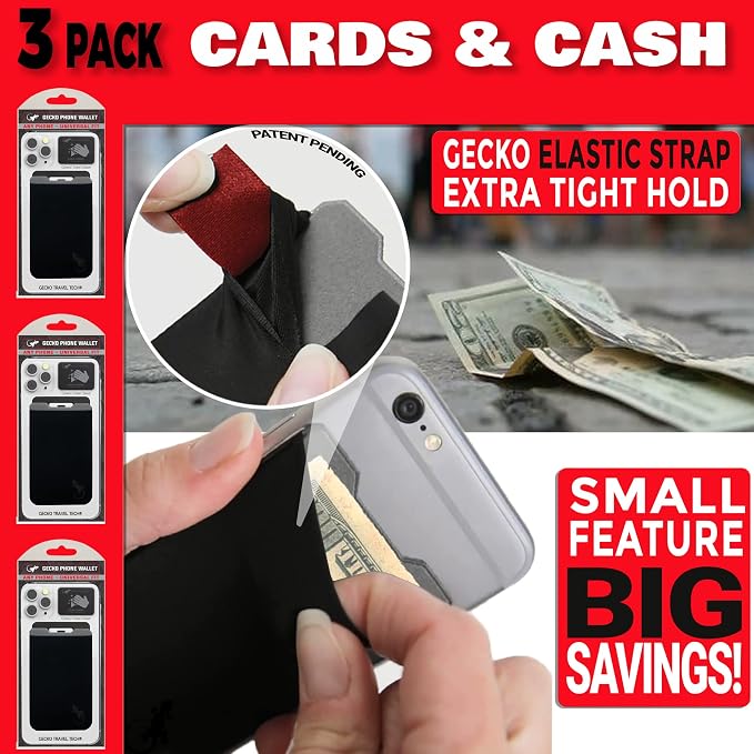 Phone Wallet - Adhesive Card Holder - Cell Phone Pouch - Stick on Lycra Pocket by Gecko - Carry Credit Cards and Cash - Image 8