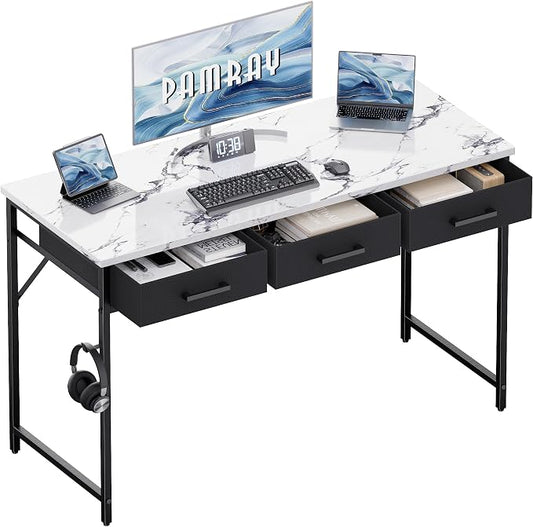 Pamray 47 Inch Small Computer Desk with 3 Drawers for Bedroom Study Writing Home Office Table for Small Spaces Marble by PAMRAY