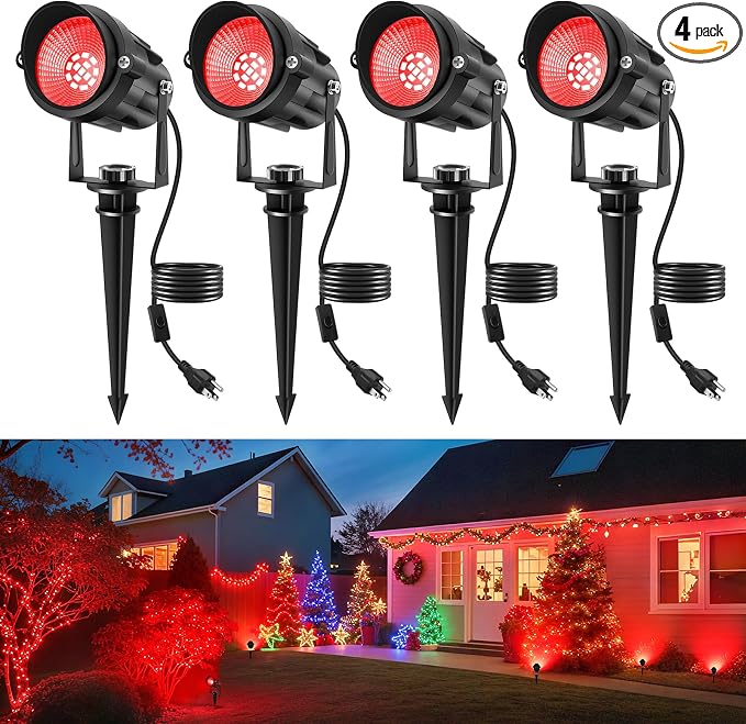 Red Landscape Lights Outdoor, 14 LED Landscape Lighting with US Plug, IP65 Waterproof Spotlights for Tree Yard Garden Pathway Halloween Christmas Decor 4 Pack by CREPOW
