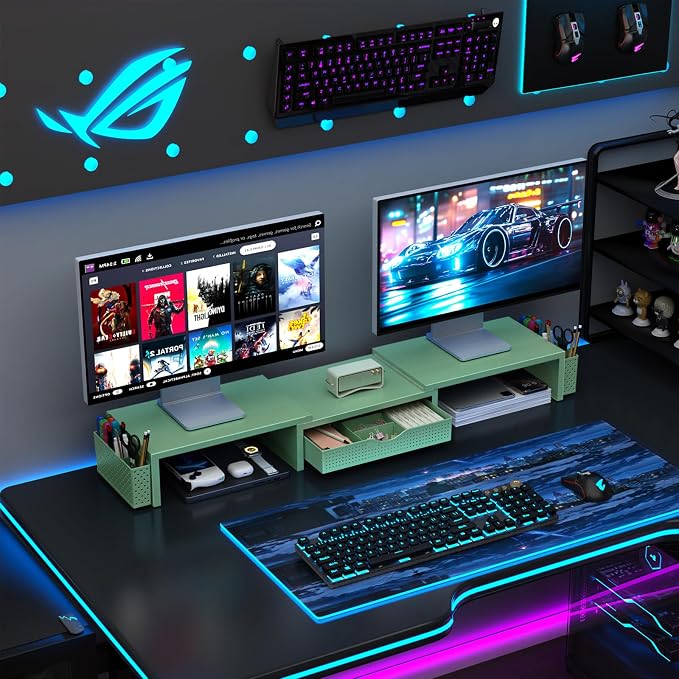 gianotter Dual Monitor Stand Riser, Desk Organizer With Drawer and 2 Pen Holders, Computer Monitor Stand, Desk Shelf for Top of Desk (Sage Green) - Image 6
