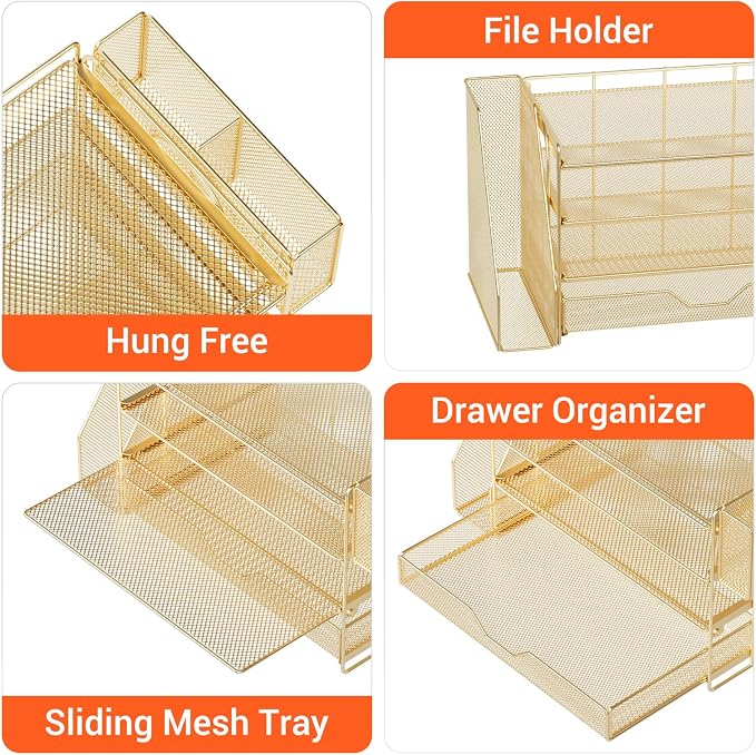 OPNICE Desk Organizers and Accessories, 4-Tier Desktop File Organizer with Drawer and Pen Holders, Office Desk Accessories Workspace Organizers for Office Supplies (Gold) - Image 5