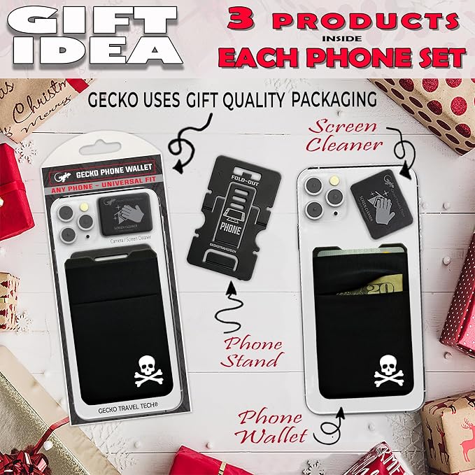 Gecko Travel Tech Double Pocket - Adhesive Card Holder - Cell Phone Pouch - Stick on Spandex Pocket - Carry Credit Cards and Cash - Skull - Image 8