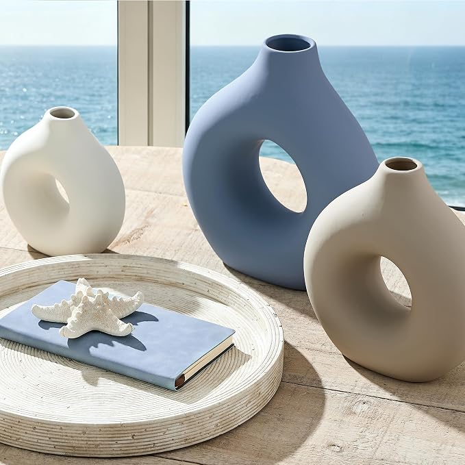 Vanselia Ceramic Vase Home Table Decor - Flower Vases Set of 3 Small Living Room Centerpiece Decorations for Shelf Bedroom Office Kitchen Dining Desk Modern Aesthetic Farmhouse Decorative (Blue) - Image 4