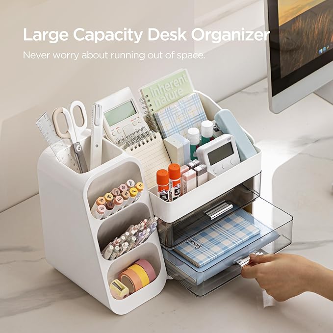HBlife Desk Organizer with Pen Pencil Holder for Desk, Pen Organizer with 2 Drawers, Desk Organizers and Accessories with 4 Compartments, Desktop Storage for Office Home School Art Supplies, White - Image 2