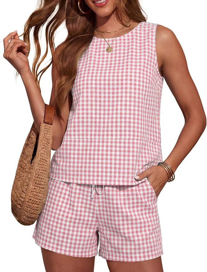 LOMON Women's Trendy 2 Piece Outfits Shorts Sets Summer Crew Neck Sleeveless Tank Top and Bottom Matching with Pockets 2026 by LOMON