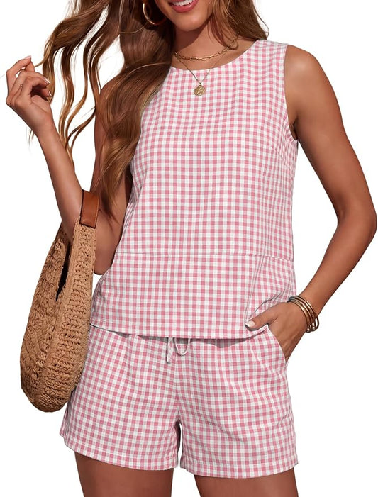 LOMON Women's Trendy 2 Piece Outfits Shorts Sets Summer Crew Neck Sleeveless Tank Top and Bottom Matching with Pockets 2026 by LOMON