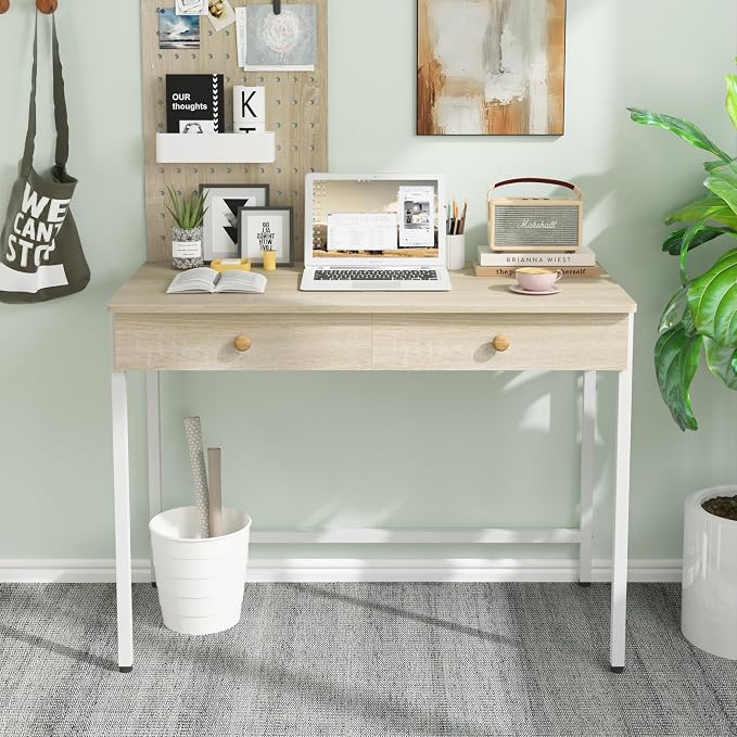 Weehom Computer Desk with Drawers, Home Office Workstation, Beige | Sturdy and spacious workstation for writing, studying and gaming, Suitable for PC and laptop use - Image 2