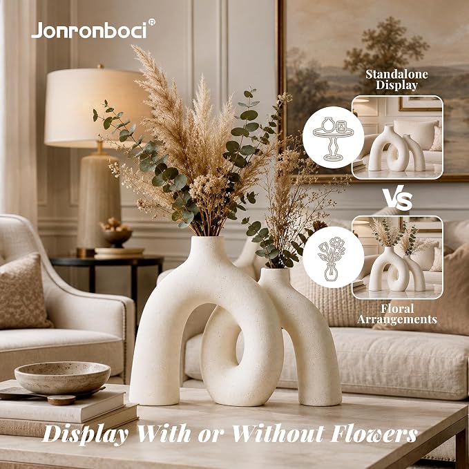 Hug Donut Decorative Vase Set - Modern Nordic Boho Style Vases Home Decor, Matte Ceramic Decorations for Living Room Shelf, Bookshelf Mantle Entryway Table or Console Décor (Cream White) - Image 5