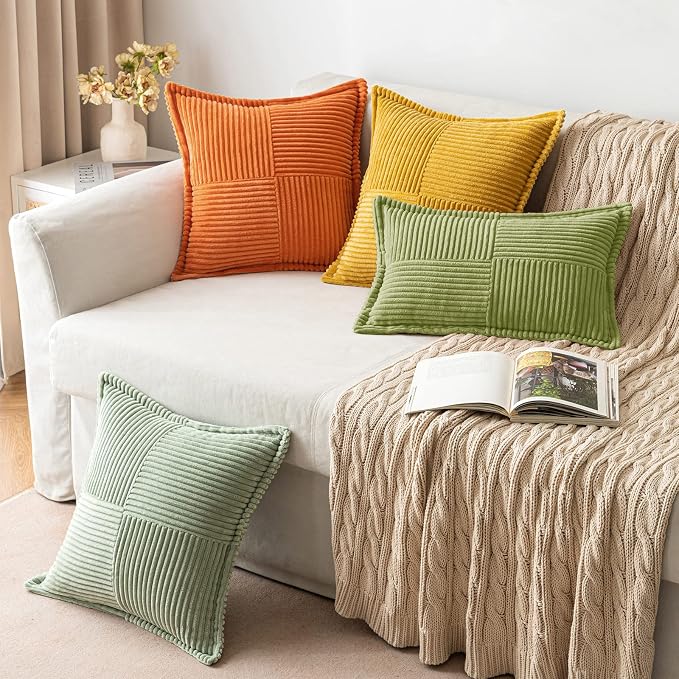 MIULEE Spring Decorative Throw Pillow Covers for Couch Bed Livingroom 20x20 Inch Set of 2 Green Boho Accent Throw Pllows Broadside Striped Patchwork Soft Corduroy Summer Pillowcases - Image 5