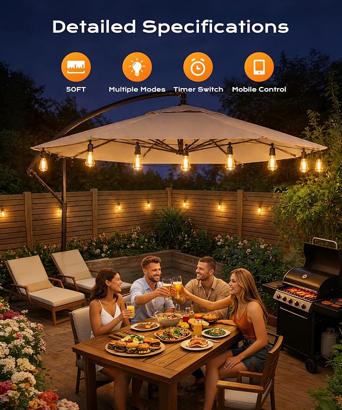 Outdoor String Lights, 50FT Patio Lights for Outside, Smart App & Remote Control with Timer, Dimmable with 4 Scene Modes, Warm White Waterproof LED Bulbs for Garden, Yard and Backyard Decor - Image 2