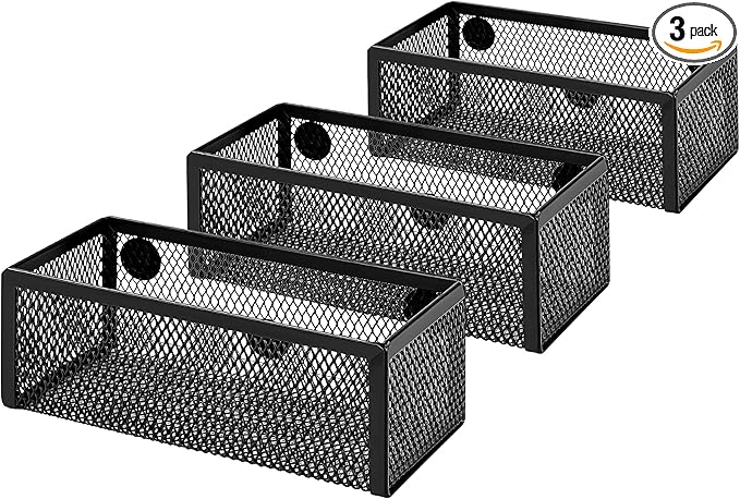 Amazon Basics Magnetic Storage Baskets, Mesh Organizers for Office Supplies and Workspace, 6" x 2.5" x 2.2", Black, 3-Pack by AmazonBasics