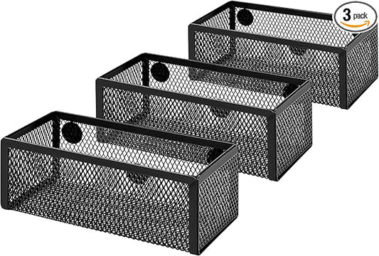 Amazon Basics Magnetic Storage Baskets, Mesh Organizers for Office Supplies and Workspace, 6" x 2.5" x 2.2", Black, 3-Pack by AmazonBasics