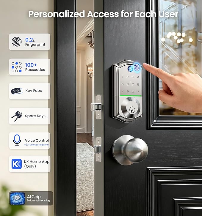 Veise VE017 Fingerprint Smart Door Lock, App Control, 8-in-1 Keyless Entry, Auto Lock, Emergency Power Port, Electronic Touchscreen Keypad, Biometric Smart Locks for Front Door, Satin Nickel - Image 3