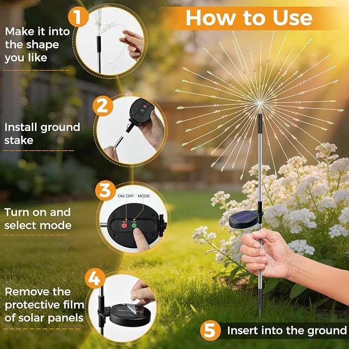 btfarm 10 Pack Solar Garden Lights Outdoor 8 Modes, 120 LED Firework Lights Solar Powered, Waterproof Twinkle Fairy Light Outside for Yard Pathway Lawn Pool Patio Christmas Decorative, Warm White - Image 8