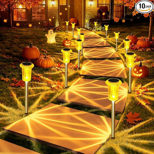 DenicMic Solar Halloween Lights Outdoor 10 Pack Fall Decorations for Home | Stake Lights for Yard Pathway Garden Walkway Driveway Patio Lawn, Auto On/Off Orange LED Autumn/Halloween Decor Waterproof by Denicmic