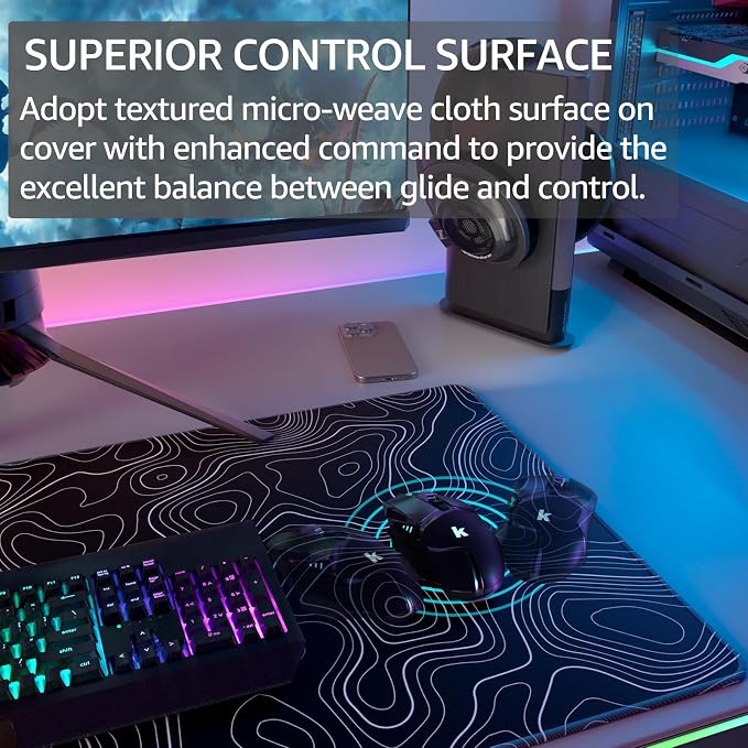 KTRIO Large Gaming Mouse Pad, 31.5 x 15.7 in, Black Topographic, XXL | Smooth Micro-Weave Surface, Artistic Pattern Design, Non-Slip Rubber Base, Durable Stitched Edges, Office & Home Use - Image 2