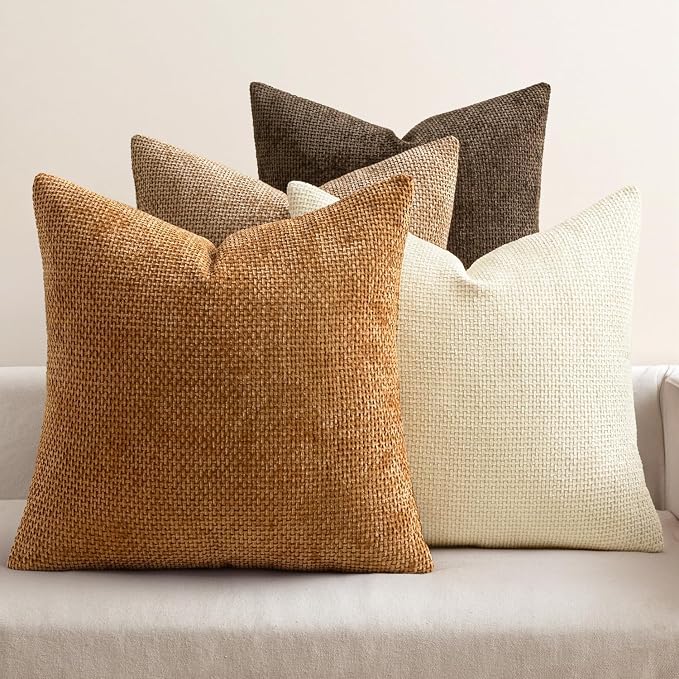 MIULEE Pack of 4 Brown Couch Throw Pillow Covers 22x22 Inch Soft Decorative Chenille Pillows Farmhouse Accent Cushions for Boho Fall Home Decor Sofa Bedroom Living Room by MIULEE