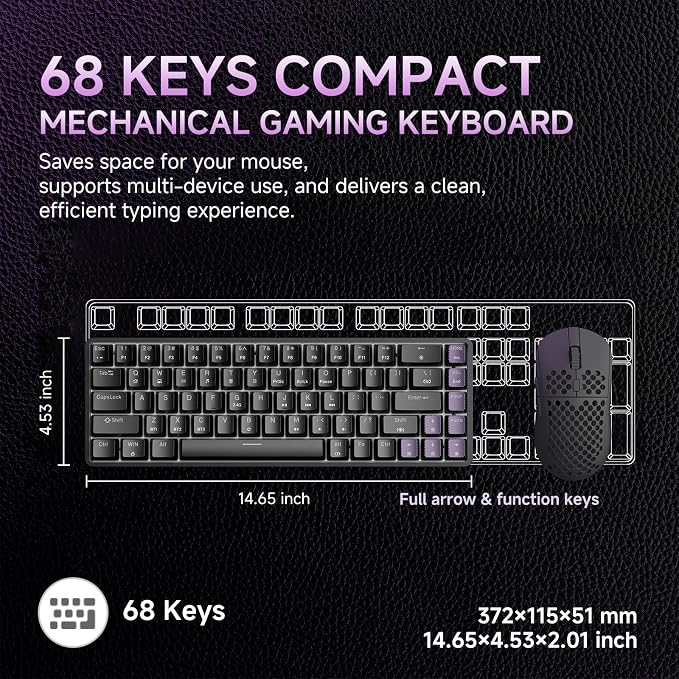 DIERYA DK68 60% Wireless Mechanical Gaming Keyboard, 3-Mode, Bluetooth 5.0/2.4G/USB-C, RGB Backlit, 68-Key Compact Mini for Windows, Mac, Linux - Linear Red Switch - Black - Image 3