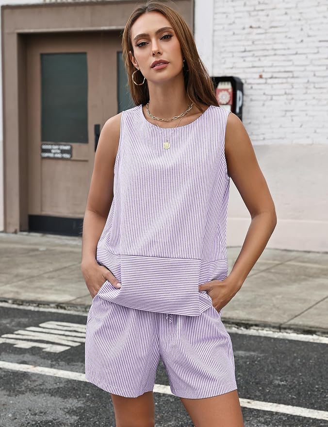 LOMON Women's Trendy 2 Piece Outfits Shorts Sets Summer Crew Neck Sleeveless Tank Top and Bottom Matching with Pockets 2026 - Image 3