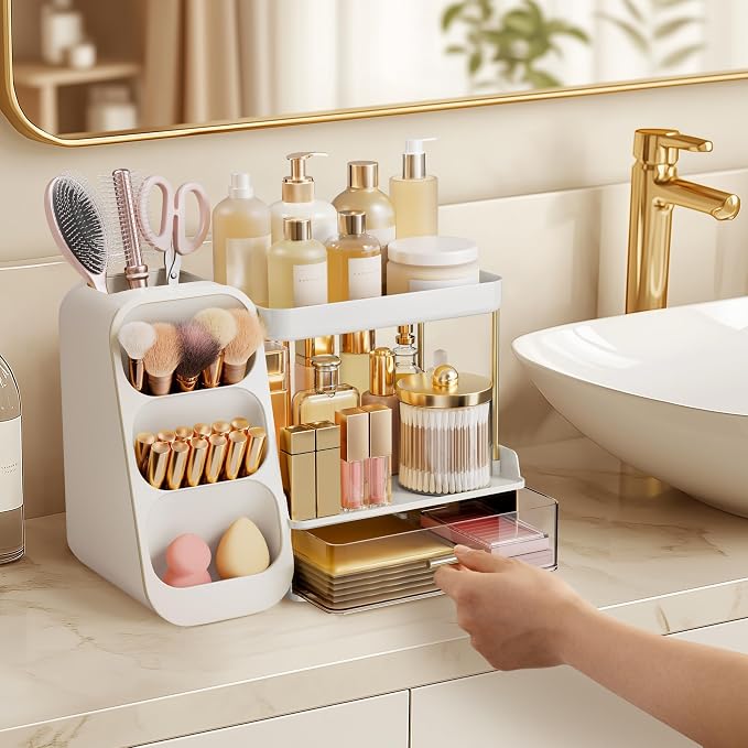 HBlife Bathroom Organizers and Storage with Brush Holder for Vanity, 3 Tier Plastic Makeup Organizer for Dresser Counter, Skincare, Lipstick, Perfume, and Cosmetic Storage - Image 5
