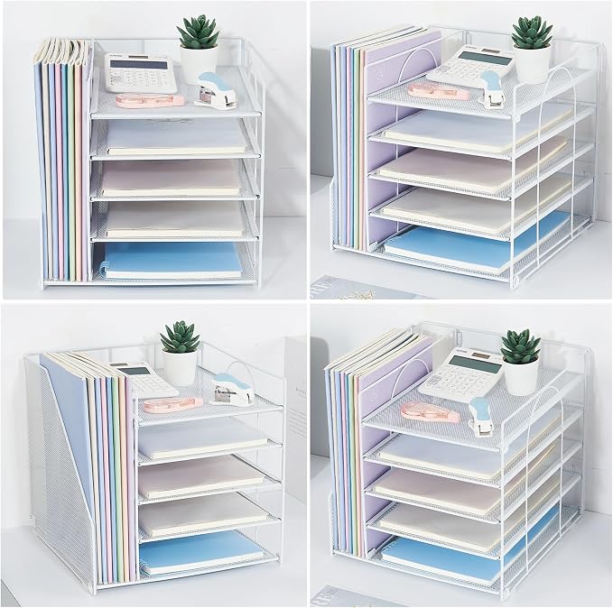 LEKETREE Desk Organizers and Accessories, 5-Tier Paper Letter Tray Organizer with File Holder, Desktop Organizer for Office Supplies (White) - Image 6