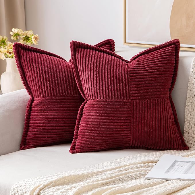 MIULEE Decorative Throw Pillow Covers for Couch Bed Livingroom 18x18 Inch Set of 2 Burgundy Boho Accent Throw Pllows Broadside Striped Patchwork Soft Corduroy Pillowcases by MIULEE