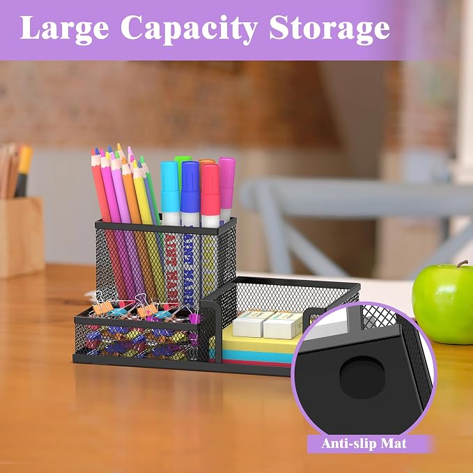 SUPEASY Pen Holder Desk Organizer, Office Supplies Pencil Holder with 3 Compartments, Desk Accessories and Workspace Organizers for Home School Classroom, Black - Image 4