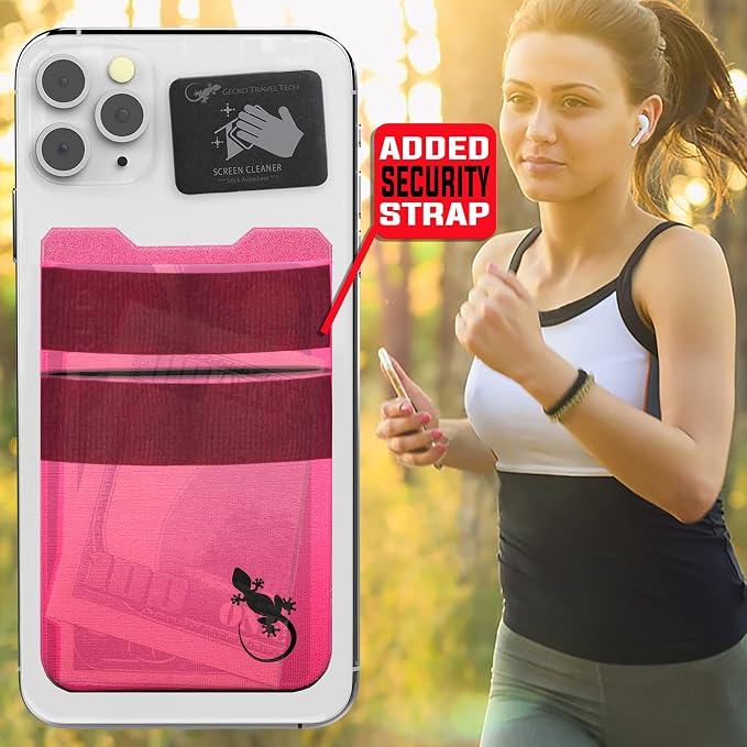 Gecko Travel Tech Double Pocket - Adhesive Card Holder - Cell Phone Pouch - Stick on Spandex Pocket - Carry Credit Cards and Cash (PINK BLACK) - Image 9