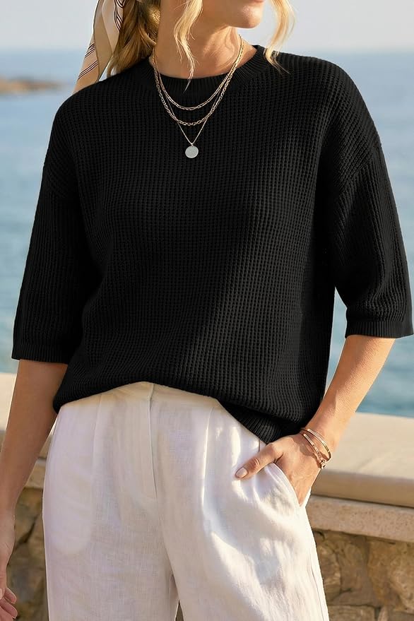 Arach&Cloz Womens Summer 100% Cotton Oversized Crochet Tops 3/4 Length Sleeve Sweater Hollow Out Casual Blouses 2026 - Image 2