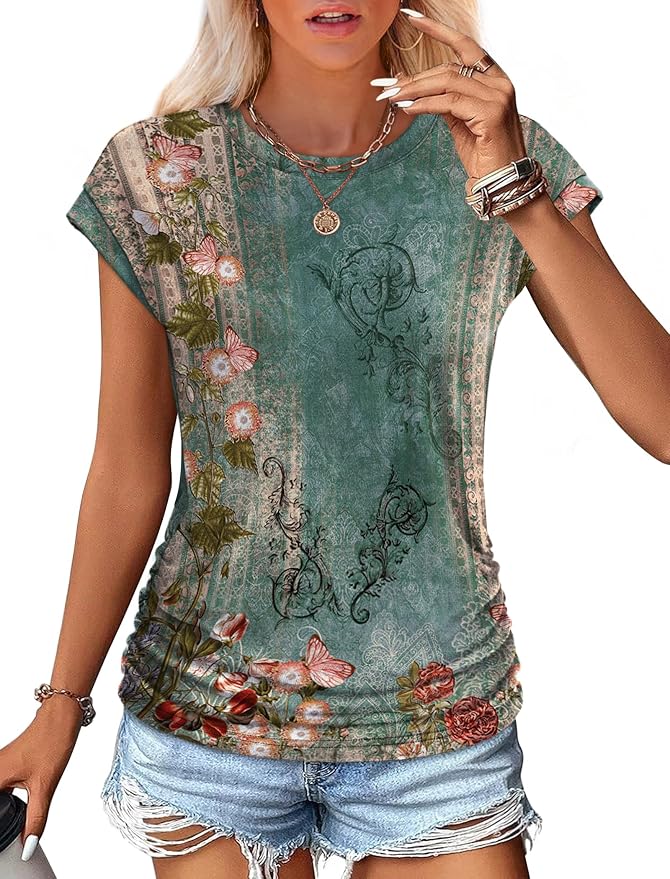 Sampeel Womens Summer Tops Trendy 2026 Ruched Cap Short Sleeve Tshirts Shirts Crew Neck T Shirts Fashion - Image 2
