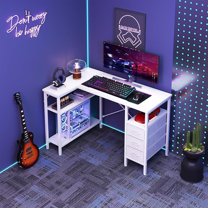 DUMOS L Shaped Desk with Drawers, Gaming Desk, 47 Inch | Power Outlet, Study Table, Adjustable Shelves, Home Office, Corner Computer Workstation, Bedroom, White - Image 8
