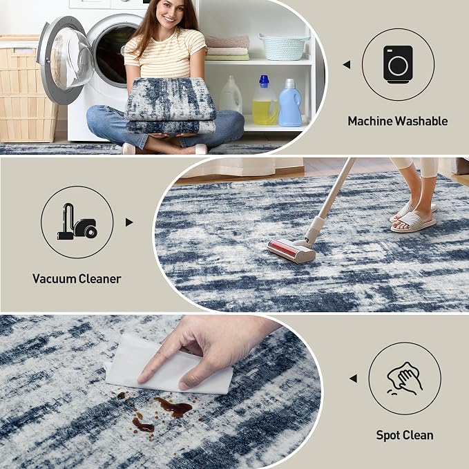 6x9 Area Rugs Washable Rug: Large Modern Abstract Living Room Rug Soft Anti-Skid Thin Carpet Indoor Floor Non-Shedding Carpets for Bedroom Dining Room Farmhouse Nursery Home Office Blue Grey - Image 3