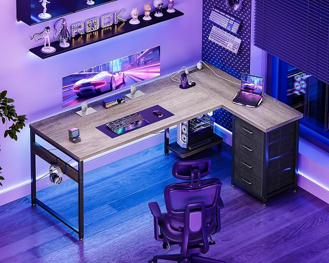 AODK 61" L Shaped Gaming Desk with 4 Drawers and Power Outlets, Grey | USB Ports, PC Tower Stand, Hooks, Reversible Corner Layout for Gaming Rooms, Bedrooms and Home Office - Image 2
