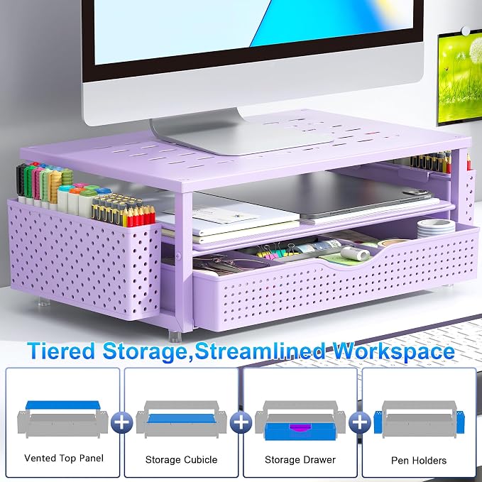 gianotter Desk Organizers and Accessories, Monitor Stand with Drawer and 2 Pen Holder, Purple Desk Accessories, Computer Stand Suitable for Offices and Dormitories (Purple) - Image 3