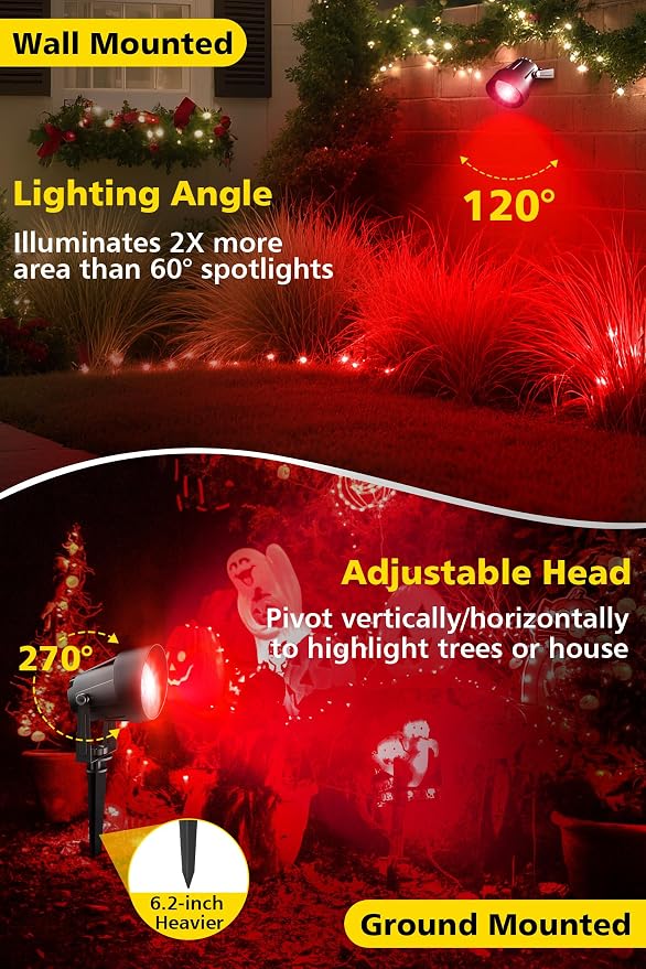 T-SUN Red Spotlight Outdoor, Waterproof LED Landscape Lighting with US Plug, Easy Install 270° Adjustable Outdoor Spot Lights for Garden Tree Yard Decor - Image 6
