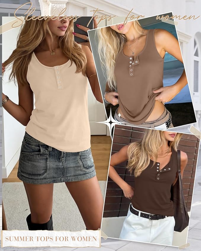 Ficerd 3 Pack Women's Henley Tank Tops Sleeveless Button Down Summer Shirts 2026 Casual Trendy Loose U Neck Tee Blouses - Image 2
