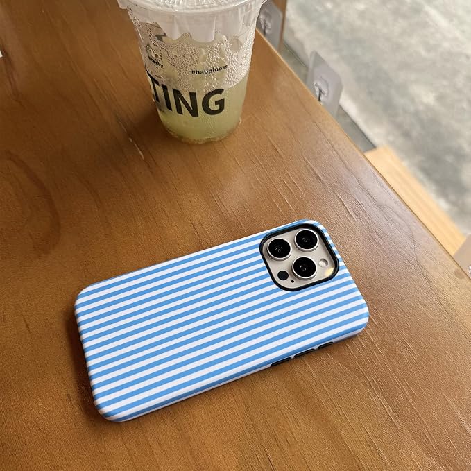 for iPhone 15 Pro Case Striped Cute Aesthetics Phone Case Trendy Protective Shockproof Cover for iPhone 15 Pro Blue White - Image 3