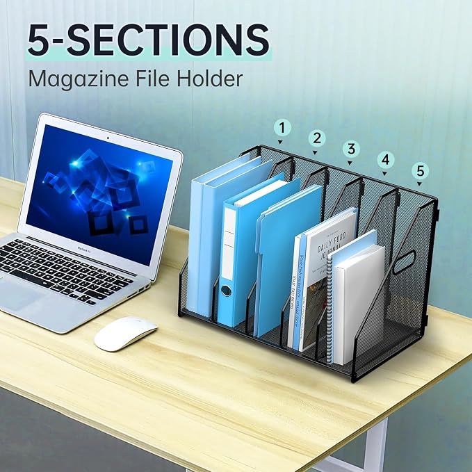 MINDEPOT Desk File Organizer Folder Holder with 5 Vertical for Office Black | Sturdy Metal Mesh, Magazine Folder Holder, Rack File Organizer for Home School, 5 Vertical Compartments - Image 6